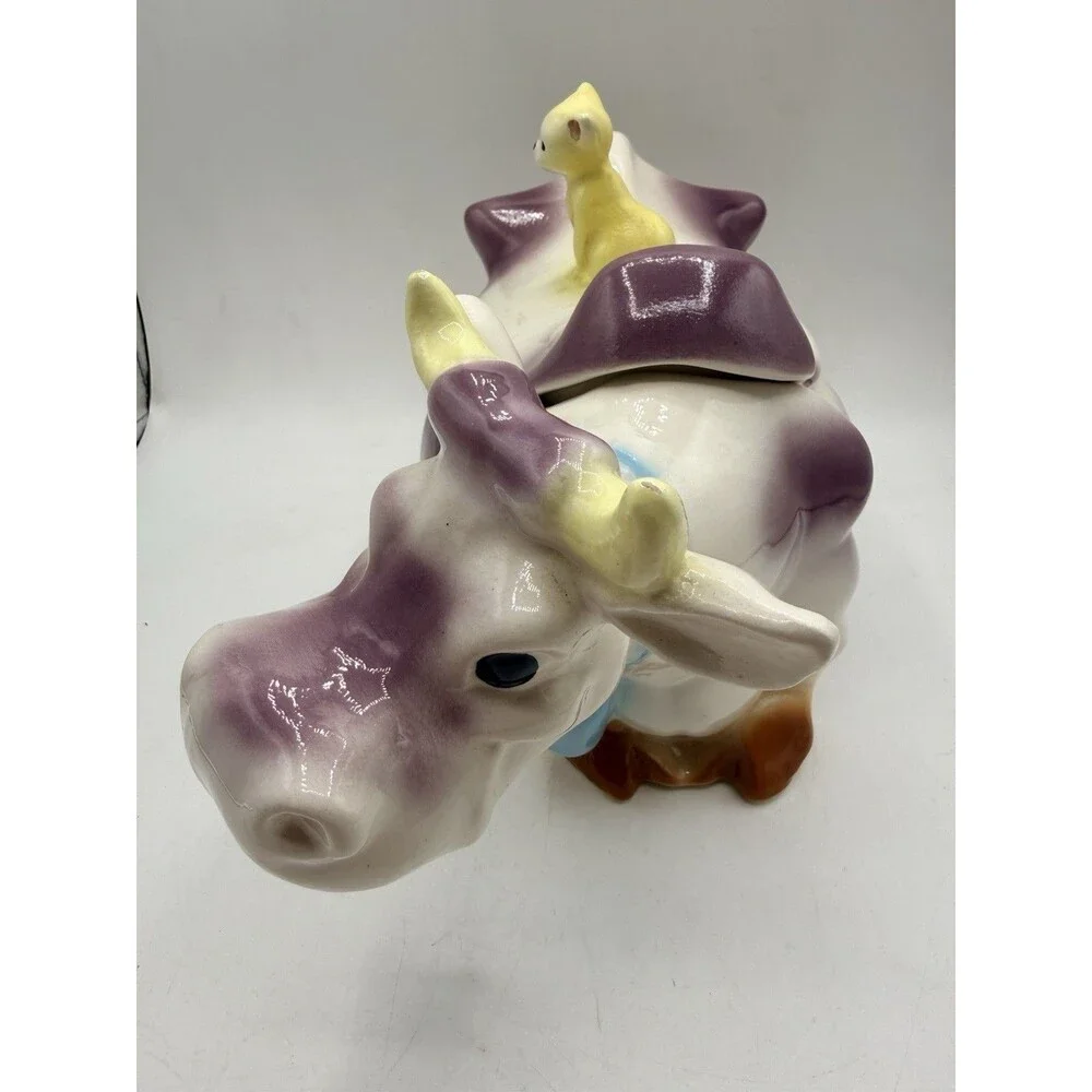 RARE McCoy W10 Cow Cookie Jar Cat On Back in PURPLE : Reissued By JD 1992